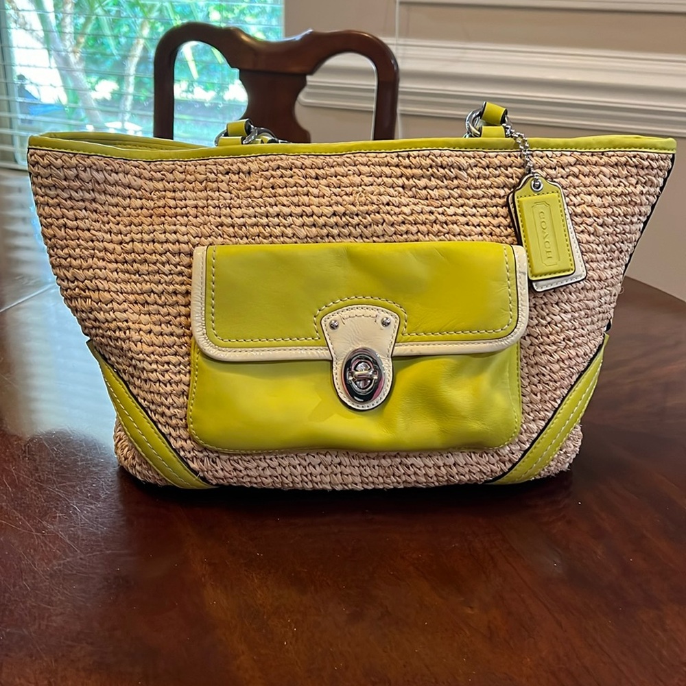 Coach Straw Shoulder Bag with Lime Green Leather Trim